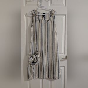 BLU9 Coastal Grandma Striped Linen Blend Midi Shift Dress Lagenlook - Sz S